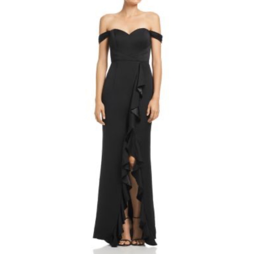 Bariano Edie Gown Size Medium Black Ruffle Front Off The Shoulders $298 NWT - Picture 8 of 8